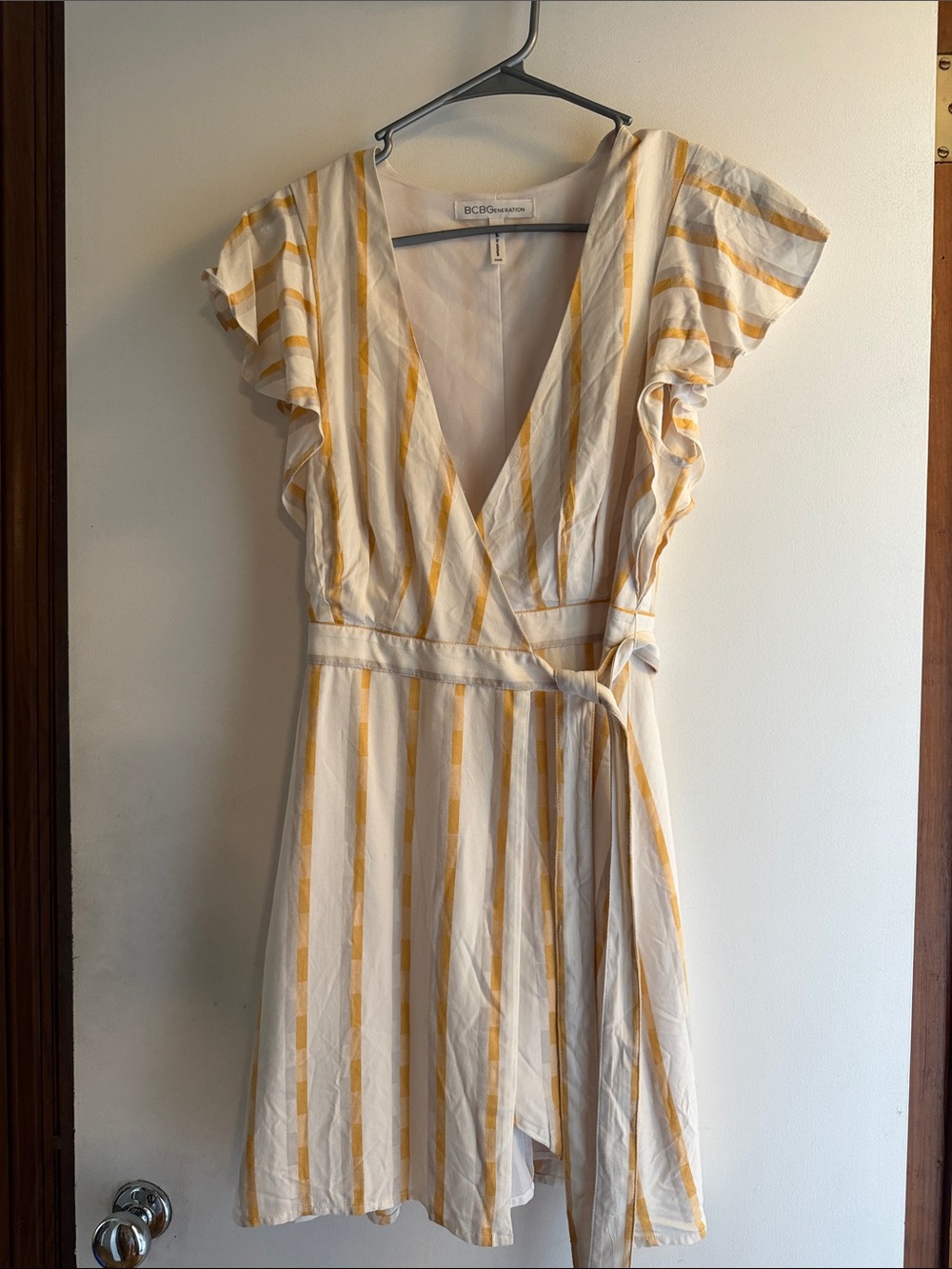 BCBGeneration Cream and Yellow-orange Striped Wrap Mini Dress